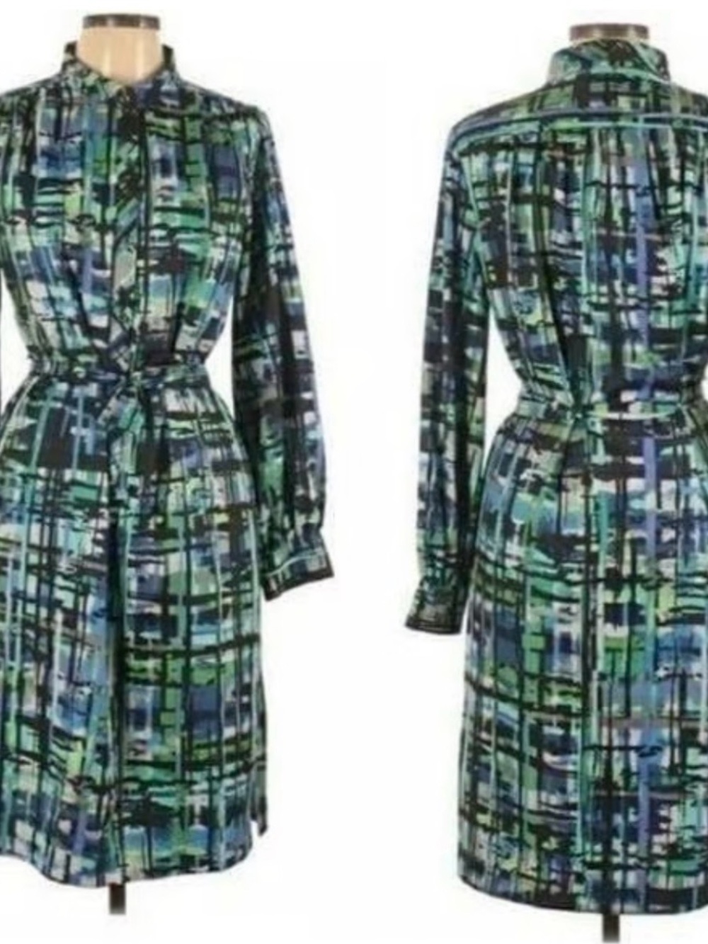 Leslie Fay Green & Blue Abstract Plaid Shirt Dress